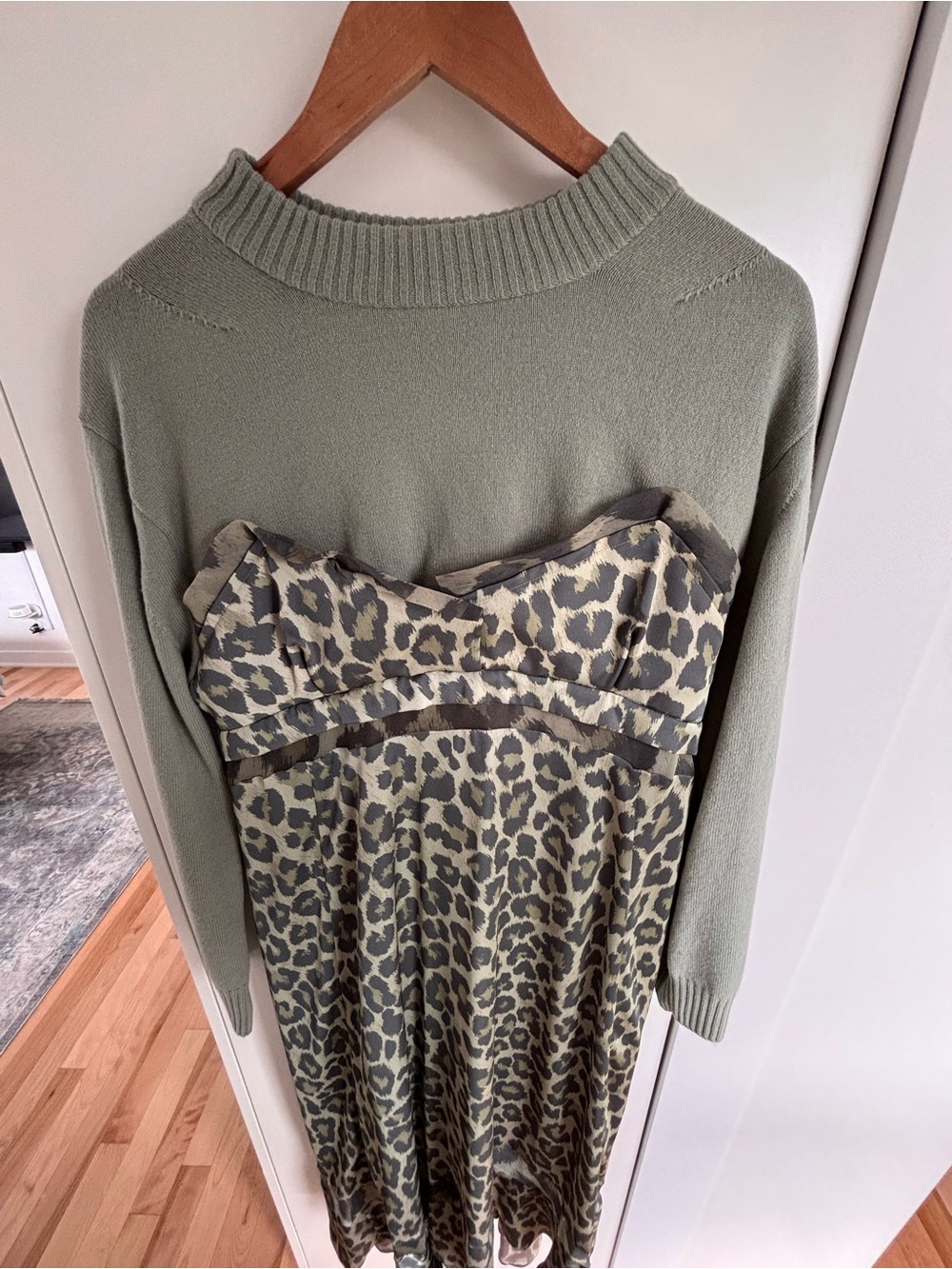 Sacai Olive Green Knit Crew Sweater with Leopard-Print Slip Dress